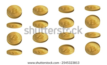 Bitcoin set realistic icon in different positions, front, side and back. 3d style of golden coins. Blockchain and investment financial assets and transactions vector