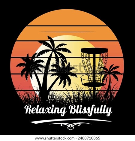 A stylized sunset scene over a circular gradient background transitioning from deep orange to bright yellow. Silhouetted against the sunset are several palm trees and a disc golf basket with chains.