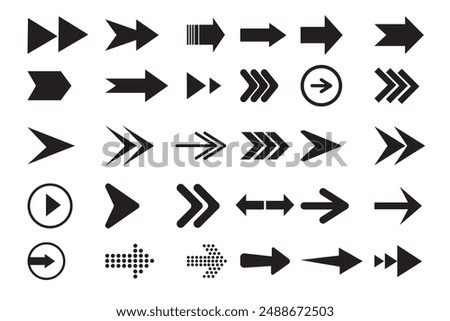  Mega bundle set. Collection different arrows sign. Arrow icon set. Arrow icon vector set. Contains symbol of various arrow head point shape, play, pause, next button symbol. Vector illustration.