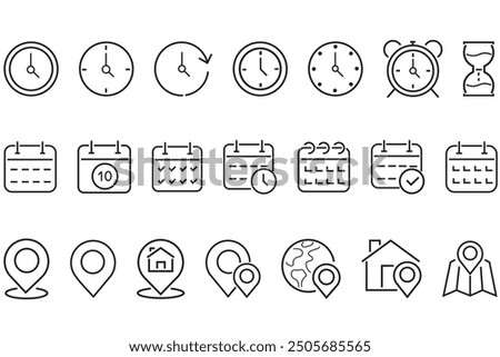 Time and date line icons set.  Clock, calendar, location pin. Time, date and address concept editable stroke outline icons set isolated. Editable stroke. Vector illustration.
