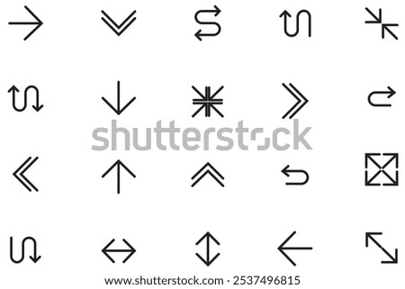 Line Arrow vector icon set. Set of arrow design, button, next, play, fast. Vector thin line right arrow, minimize, turn right, diagonal arrow. Vector illustration.