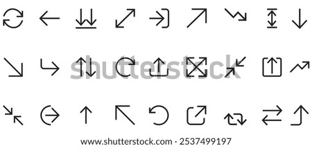 Arrows line icons vector design. linear arrows icon pack. Set of arrow design, button, next, play, fast.  Line with Editable stroke. Vector Illustration.