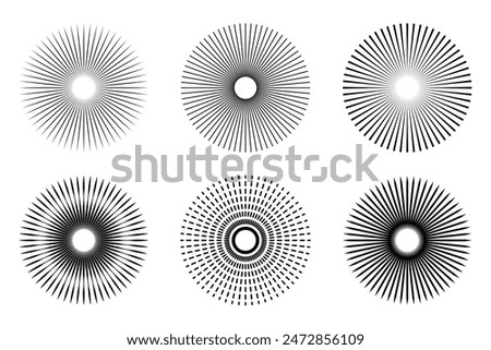 Sunburst element. Round, radial sunburst, Set of icons of stars.  Circular beans, Sun ray vector. Firework vector. Abstract circular geometric shape design.	