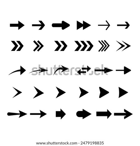 Arrow of different shapes, linear symbols collection. Arrows set. Arrows set of 30 black icons. Arrow flat style isolated on white background.