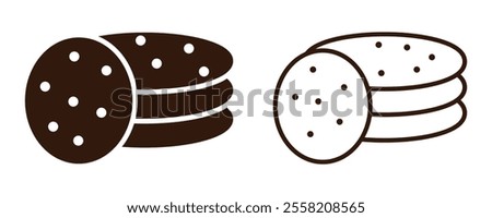 Cookie icons, vector logo design. Outline style and black filled symbol cookie icon, vector isolated on white background. Chocolate chip cookie icon for food apps and websites. Vector illustration.