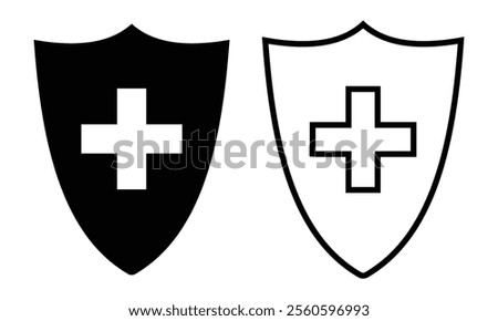 Medical shield icons. Vector insurance icons isolated on white background. Health care concept. Fill and stroke protection icon. Vector illustration.