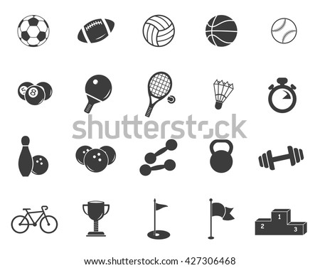 Sports set icons. Flat vector illustration in black on white background. EPS 10 ball weight tennis podium billiards rugby bowling baseball football basketball stopwatch