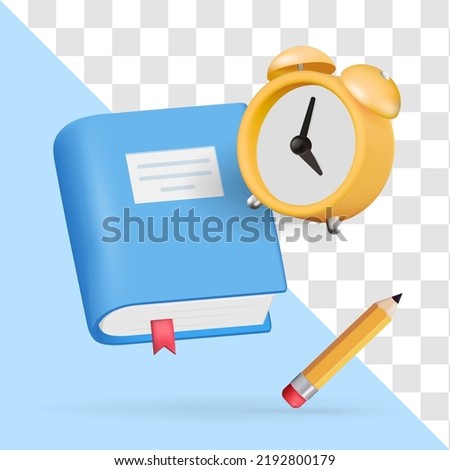 education, school vector icon set with book, alarm clock, pencil. learning, collection of 3d icons for learning. Vector illustration