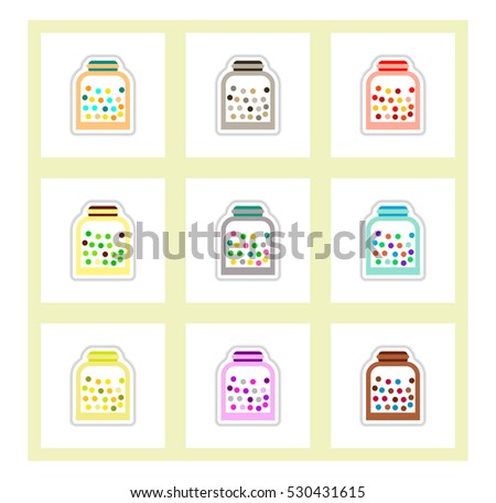 Label icon on design sticker collection candy in jar set. Label of candies. Set  candy in ja