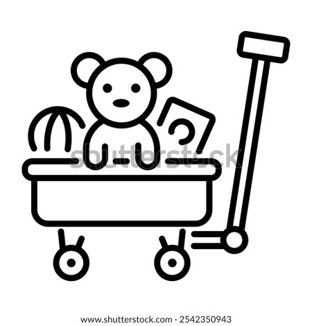 A linear icon of toy cart filled with various toys 