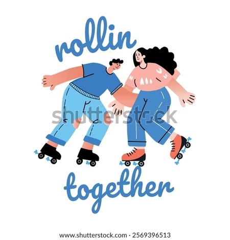 A flat sticker of skating friends with rollin together text 