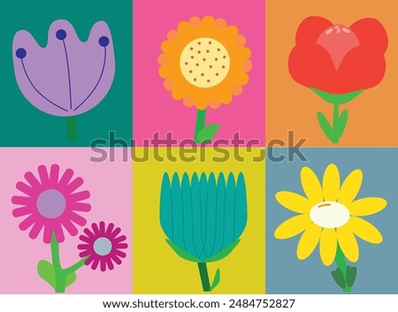 Colorful Flower Grid on Different Colored Backgrounds. A 3x2 grid featuring various species of flowers in different colors against colored backgrounds