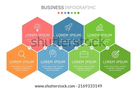 Business infographic Vector with 7 steps. Used for information,data,style,chart,graph,sign,icon,
project,strategy,technology,learn,brainstorm,creative,growth,stairs,success, idea,text,web,report,work.