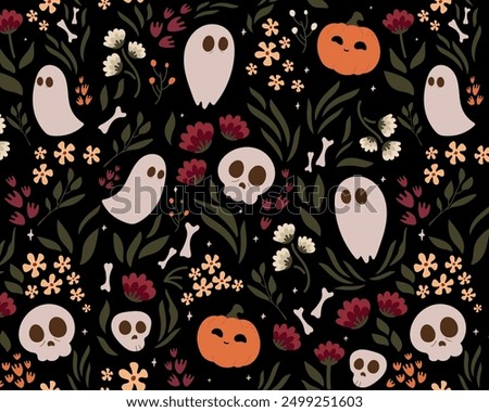 Seamless pattern Latin American style.Dead day party, sugar skull or halloween holiday.Traditional mexican music festival,fun bright dance vector characters.Halloween Dia De Los Muertos Celebration.