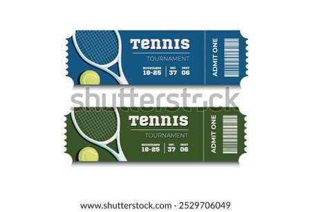 Vector sport tickets isolated on white background. Tennis ticket card template. Card invitation, event and date, place sector. Ticket icon for website. Tennis Tournament.Racket for tennis and ball.