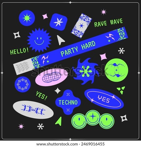 collection of various patches, labels, tags, stickers, brands of bracelets for the festival or rave. hello, rave, wave, yes. y2k, hipster techno wave stickers style. vector set, trendy promo labels