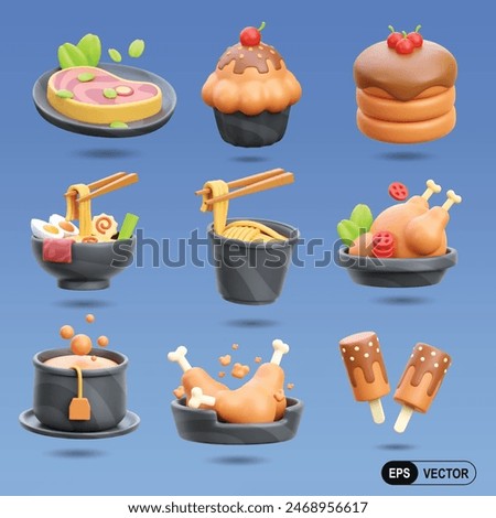 Set of realistic 3d Fast Food icons Steak Meat, Cupcake, Pancake, Ramen, Noodles Bowl, Grilled Chicken, Hot Tea Cup, Fried Chicken Bucket and Ice Cream Steak. 3d Food Vector illustration