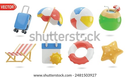 3d Realistic Summer and Travel Icons Set. Suitcase, Umbrella Beach, Beach Ball, Coconut Drink, Beach Chair, Summer Time, Floating Ring, Starfish. Time to Travel Concept 3d vector