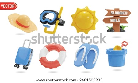 3d Realistic Summer and Travel Icons Set. Beach Hat, Scuba Mask Diving, Sun, Summer Sale Board, Suitcase, Floating Ring, Flip Flops, Bucket With Shovel. Time to Travel Concept 3d vector