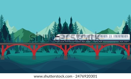 Fast train on a bridge with a nature background of mountains and trees 