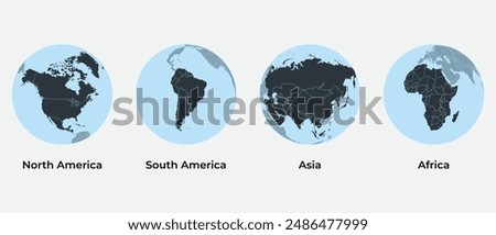 Earth map globe icon set with four continents vector design. Continents front facing Asia, Africa, north America, south America