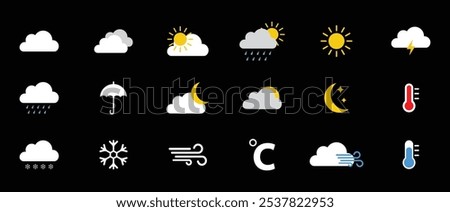 Weather icon set, weather flat symbols. Pictogram vector icons