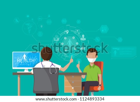 Infographic Health, concept Doctor patient sitting at office desk and working on his computer with medical equipment all around, back view Vector illustration 