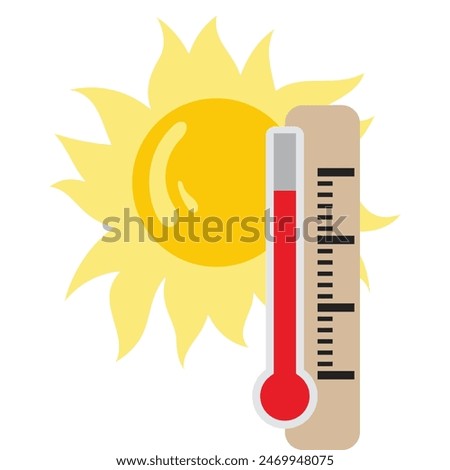 Thermometer and sun icon on white background. Simple hot weather symbol.