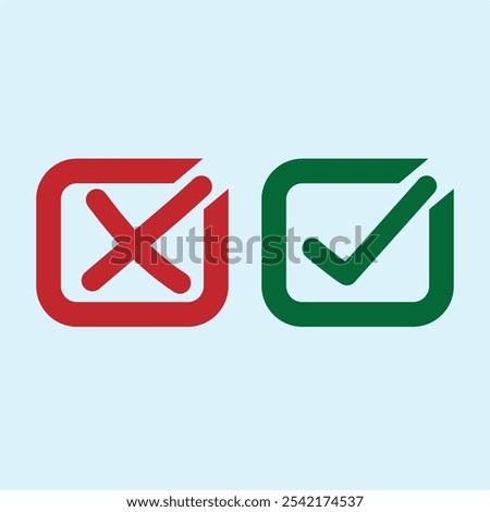 Green check mark and red cross mark icon set isolated on blue background 