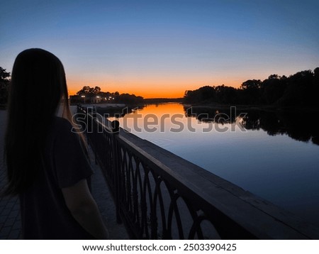 Image, Stock Photo Lonely woman admiring autumn landscape of lake and mountains