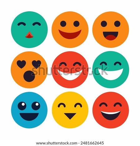 Colorful smiley faces with various expressions on white background