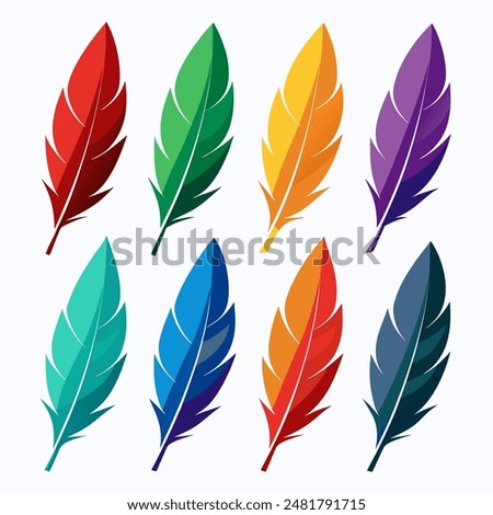 A collection of vibrant feathers against a backdrop of white