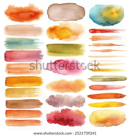 A set of watercolor brush strokes in various colors. The brush strokes are arranged in a grid, with some overlapping and others extending into the background. Scene is one of creativity