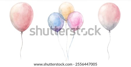 A bunch of balloons in different colors are floating in the air. The balloons are arranged in a row, with one balloon slightly to the left of the others. Scene is cheerful and festive