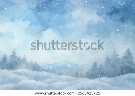 A snowy landscape with a blue sky and trees. The sky is filled with snowflakes, and the trees are covered in snow. Concept of calm and serenity