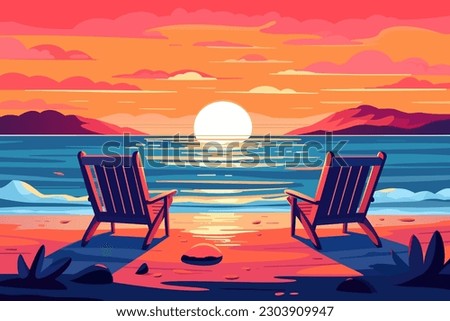 Landscape sunset on the beach.Sun loungers on the seashore. Landscape Beautiful seascape. Seascape banner. Romantic evening on the beach. Vector illustration