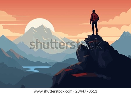 Man on the top of the mountain looks at the beautiful landscape of the mountains. Climbing mountains. The concept of mountain tourism and travel. Vector illustration.