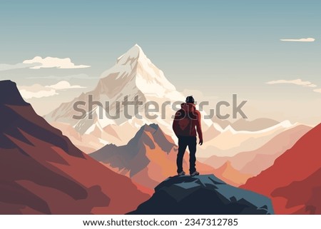 Climbing mountains. The traveler on the top of the mountain looks at the beautiful landscape of the mountains. The concept of mountain tourism, travel and hiking. Vector illustration.