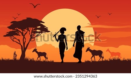 African landscape. Silhouettes of men and women representatives of the indigenous peoples of Africa against the backdrop of a beautiful sunset. Safari. Wildlife and animals of Africa. 