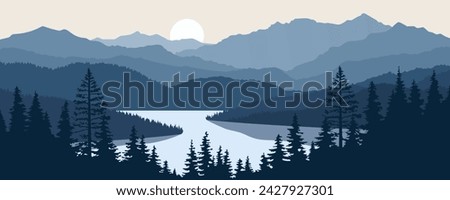 Silhouettes of mountains in the fog. Landscape overlooking a mountain lake with silhouettes of mountains and pine forest at sunrise or sunset.