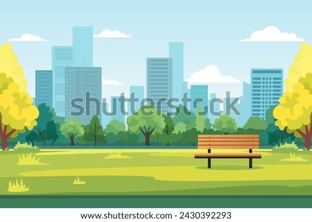 City Park. A bench in a beautiful city park among green trees and grass against the backdrop of large skyscrapers and buildings. The concept of a comfortable and environmentally friendly city.
