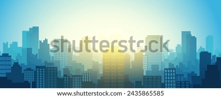 Sunset or sunrise over a modern city. Bright sunlight illuminates the silhouettes of buildings and skyscrapers of a larger metropolis. Vector illustration City landscape. Cityscape.