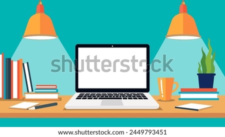 Home office desk. Workspace desk. Study table. Laptop on the table with books, notepads, lamps, a cup of coffee and a flower in a pot. Vector illustration for design.