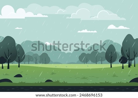 Rainy landscape. Vector illustration of rainy nature in the park. Puddles on a walking road against the backdrop of green grass in a clearing among trees. Summer rain. Fields and meadows.