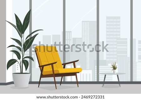 Modern office in a business center with a yellow armchair and potted plants overlooking the cityscape of the metropolis. Yellow armchair in modern office. Business space vector illustration. Meeting.