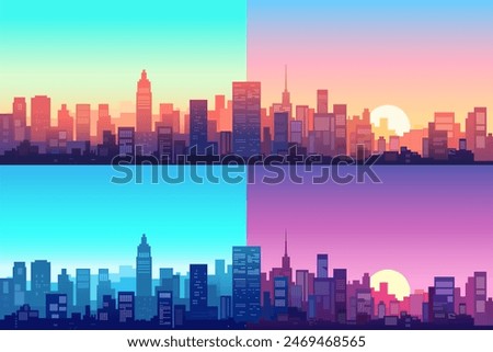 Cityscapes with tall skyscrapers, office buildings at different times of the day and year. Set of city business districts. Day, night, morning, evening. Sunrise and sunset in city. Vector illustration