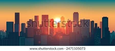 Sunset or sunrise over a modern city in natural colors. Bright sunlight illuminates the silhouettes of buildings and skyscrapers. Vector illustration. City landscape. Sun glare. Cityscape.