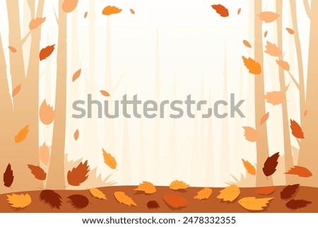 Autumn background vector illustration. Beautiful autumn leaves fall to the ground against the background of trees and forest. Autumn natural landscape in orange and yellow tones for design.