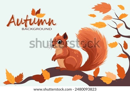 Cute squirrel on an autumn tree branch with beautiful leaves. Autumn season background for cards, posters, banners, prints and holiday designs. Vector illustration of a squirrel.