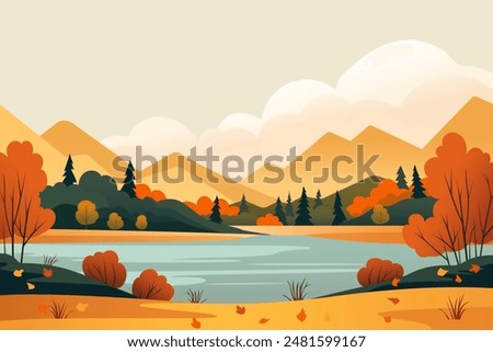 Autumn season landscape. Vector illustration of an autumn landscape with beautiful trees, forest, lake and nature on a background of mountains and hills. Autumn landscape in a simple style for design.